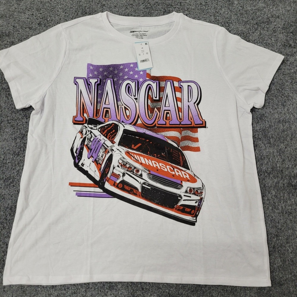 NASCAR T-Shirt Womens Size 1X White Graphic Race Car American Flag New NWT